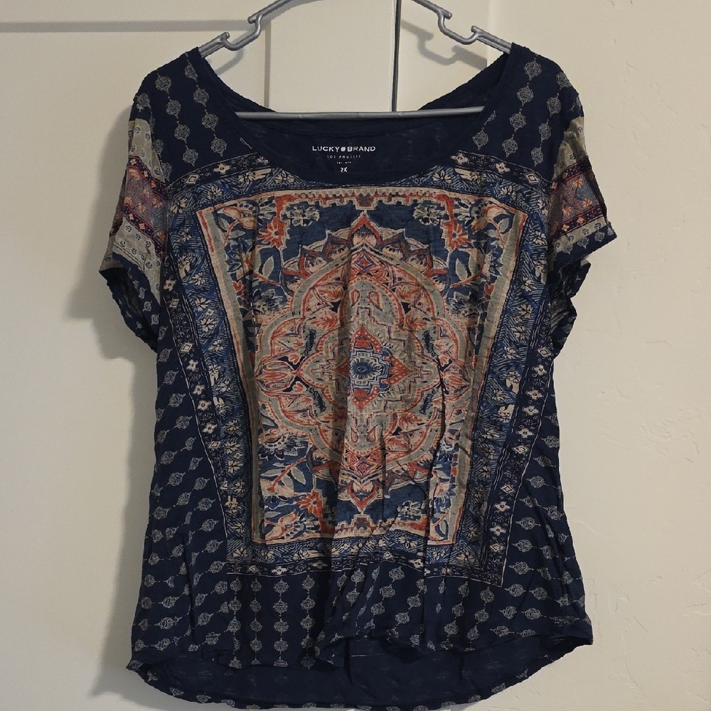 Lucky Brand Navy and Rust Mosaic Medallion Short Sleeve Top
